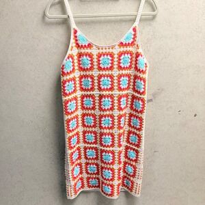 Willow & Wind M Womens Crochet Granny Square Orange Blue White Unique Boho Dress